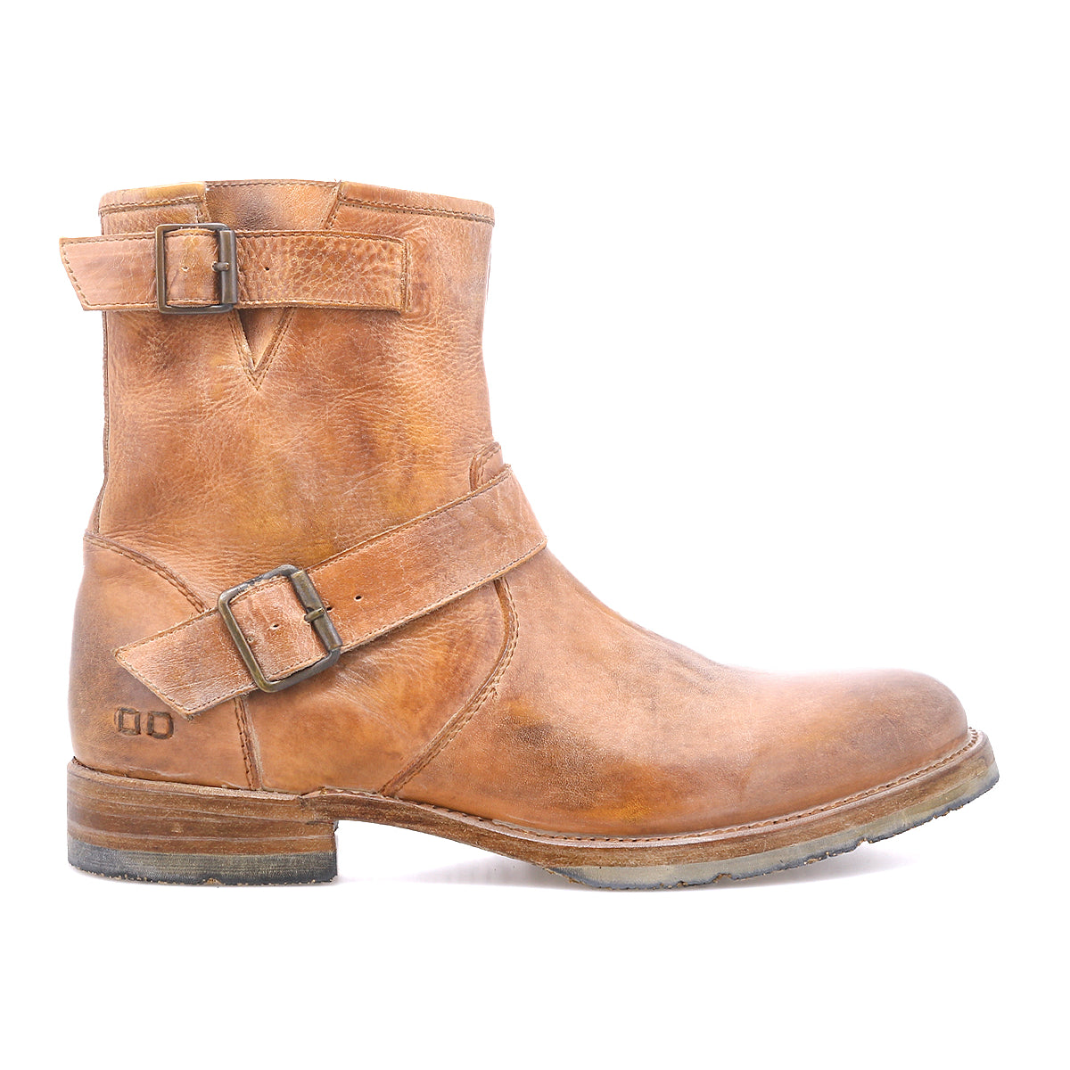 The Bed Stu Fellow is a brown moto-inspired ankle boot featuring two adjustable straps with metal buckles, displayed in profile on a white background.