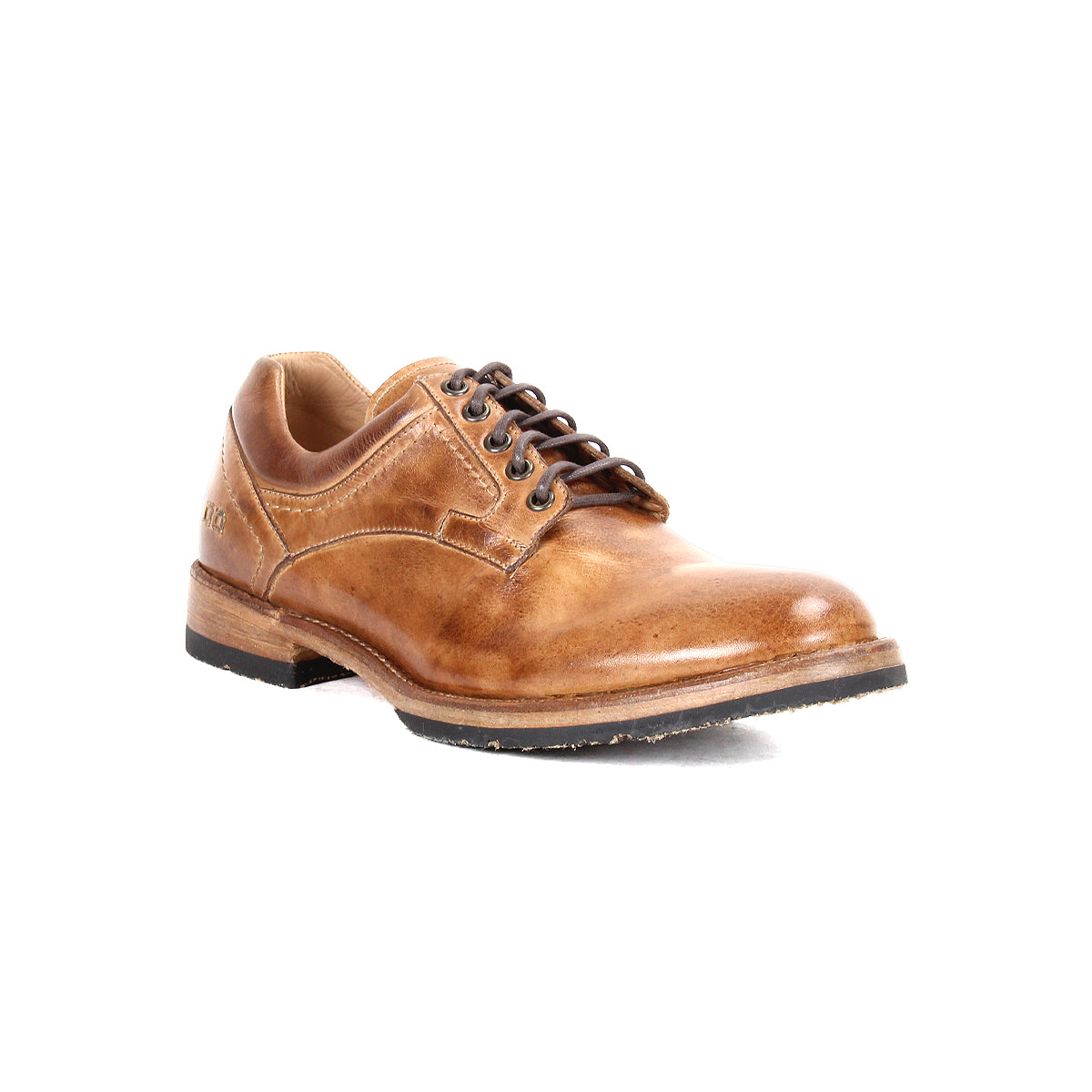 The Bed Stu Fierce is a brown leather men’s derby shoe with a classic design, low heel, and black sole that adds modern edge, shown against a white background.