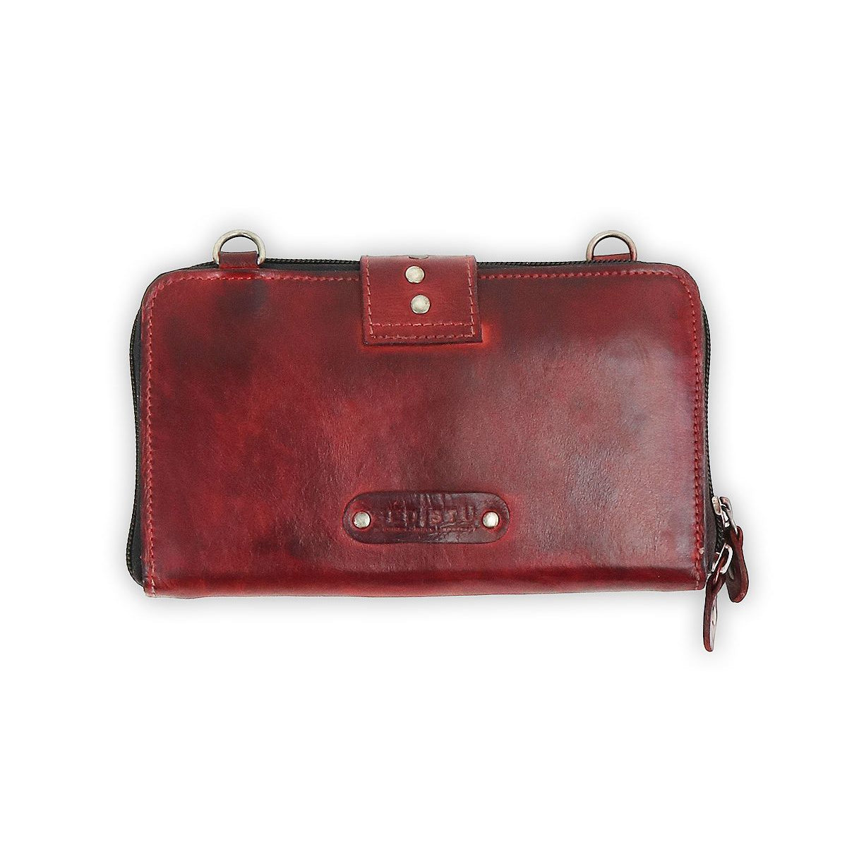 Introducing the Flee by Bed Stu: a red leather wallet designed with a snap flap, secure zip closure on the right side, and metal rings accenting the top corners.