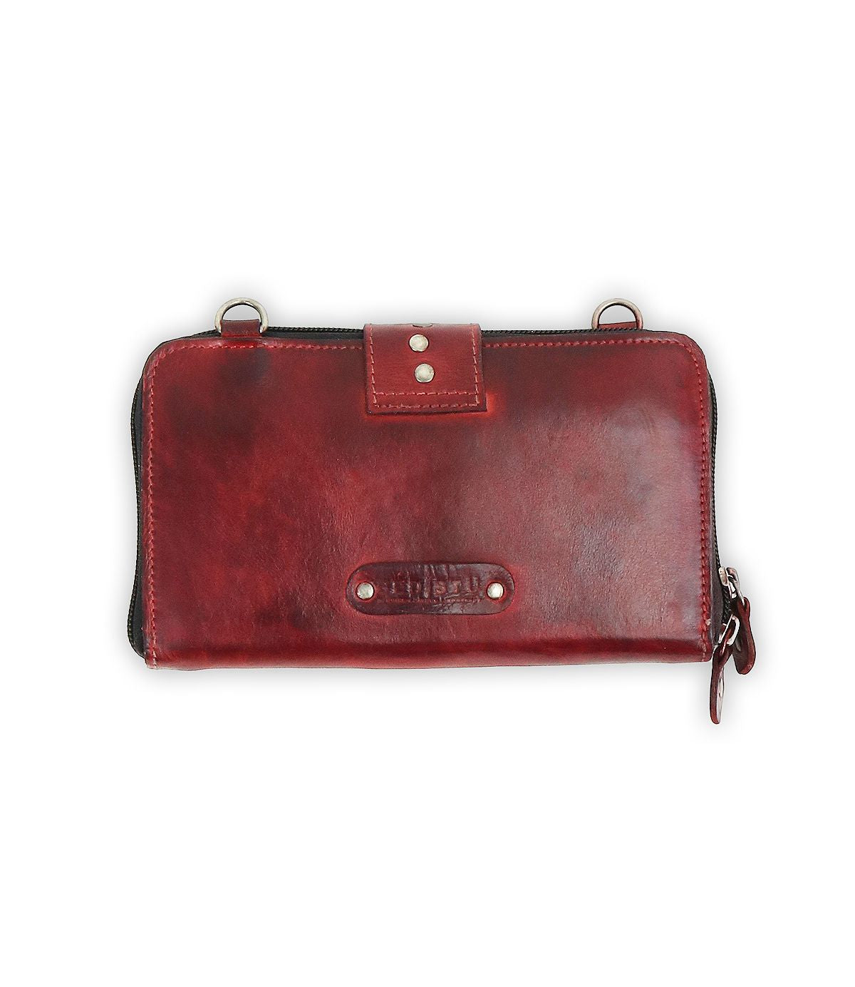 Introducing the Flee by Bed Stu: a red leather wallet designed with a snap flap, secure zip closure on the right side, and metal rings accenting the top corners.