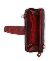 Unfasten the Flee, a red leather wallet by Bed Stu, featuring various compartments, a reliable zip closure, and a button clasp.