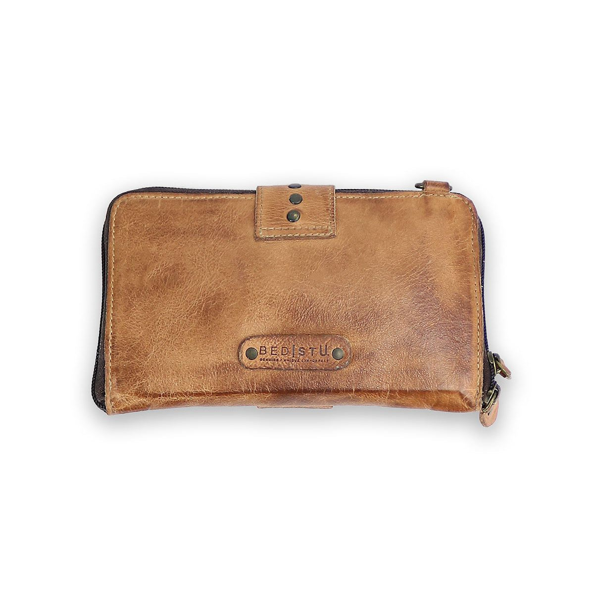The Flee wallet by Bed Stu is crafted in brown leather, adorned with metal studs, and has the brand name embossed on the front. It features a secure zip closure and snap fastening.