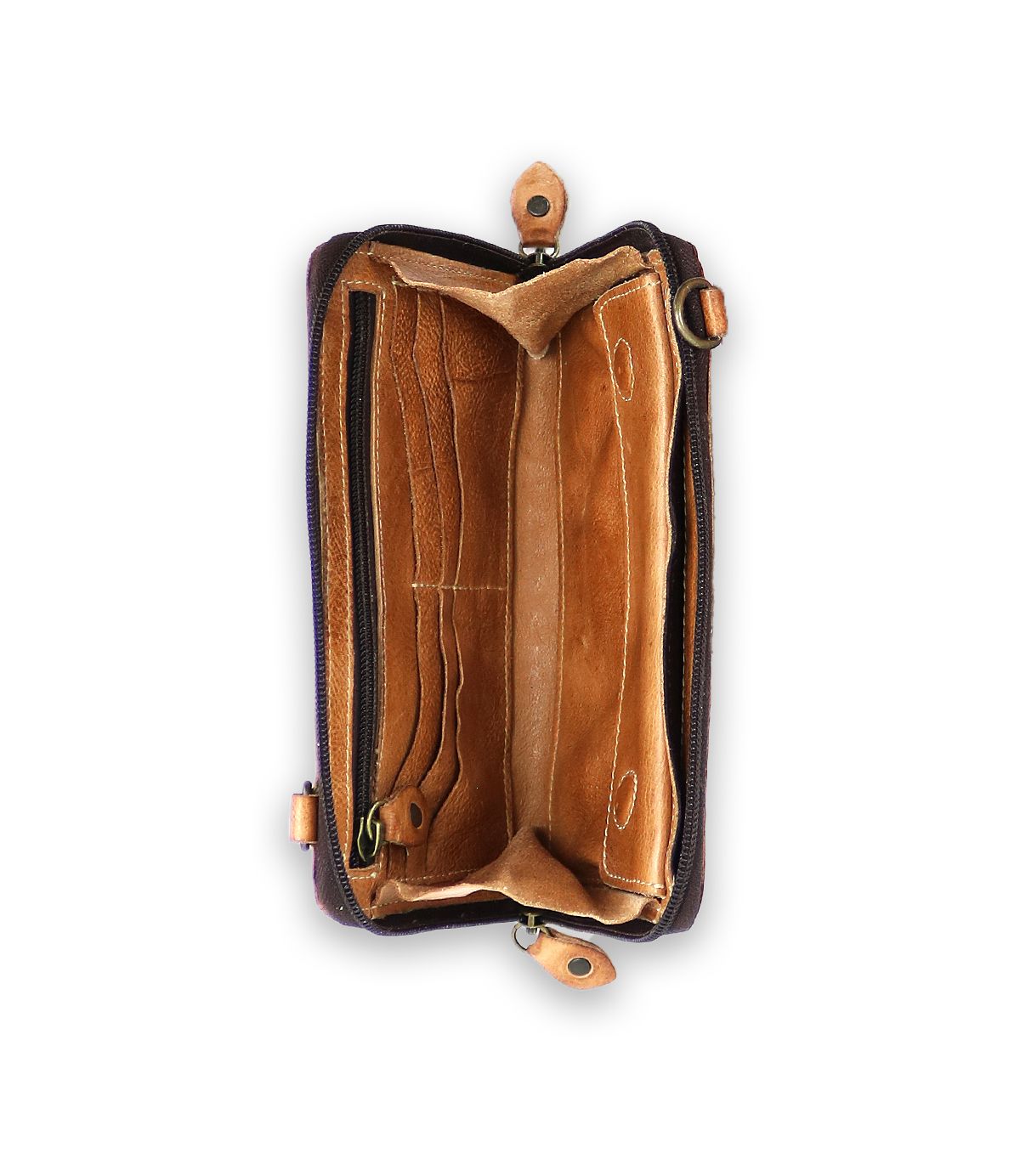 The Flee wallet by Bed Stu, crafted in brown leather, opens to reveal empty compartments along with sections for cards and bills. It features a secure zip closure to keep your essentials safe.