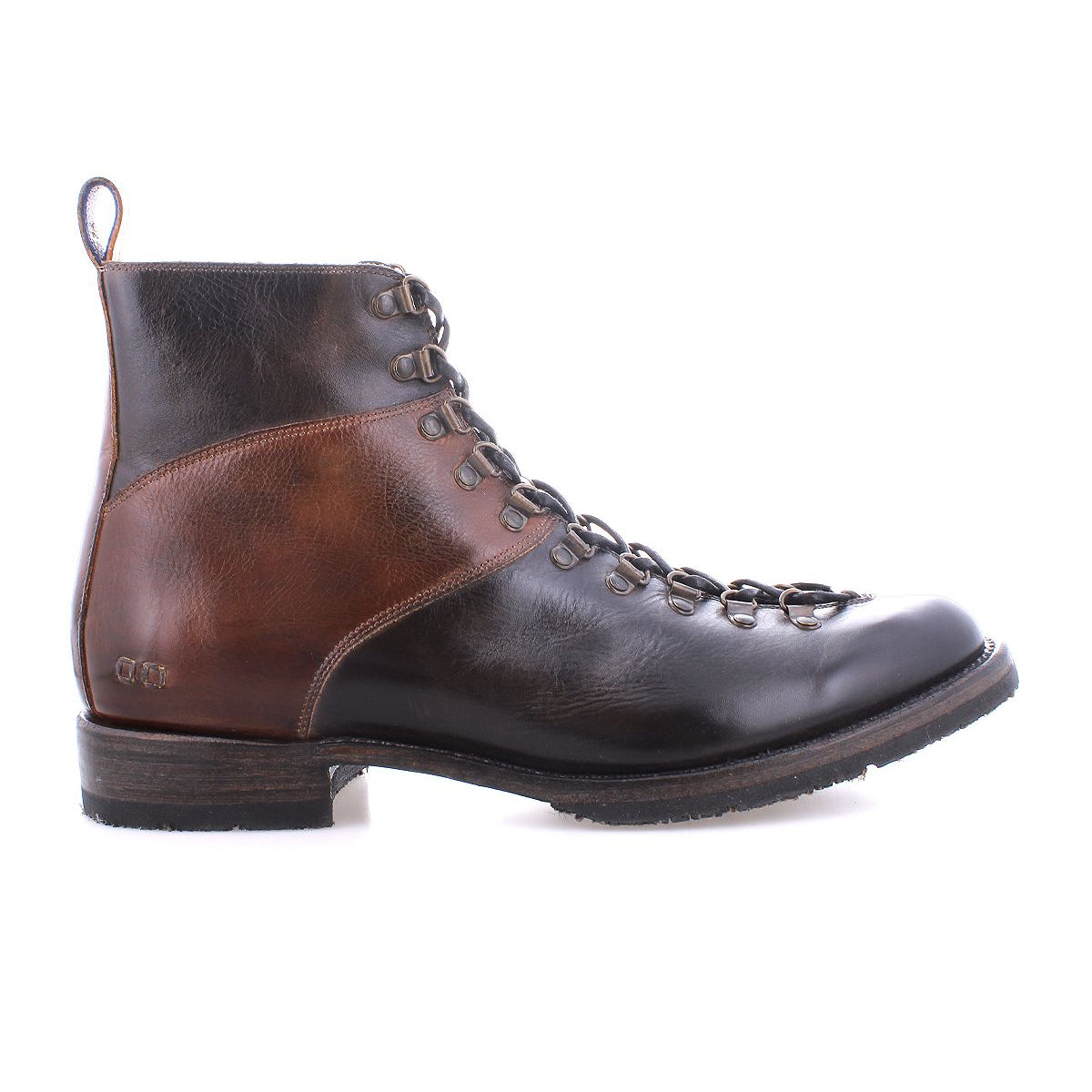 Introducing the Frenzy by Bed Stu: a men's hiking boot crafted from brown and black leather with a lace-up design. This boot features a low heel, metal eyelets, and durable Goodyear welt construction for long-lasting wear. Viewed from the side, it's perfect for any adventure.
