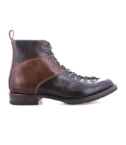 Introducing the Frenzy by Bed Stu: a men's hiking boot crafted from brown and black leather with a lace-up design. This boot features a low heel, metal eyelets, and durable Goodyear welt construction for long-lasting wear. Viewed from the side, it's perfect for any adventure.