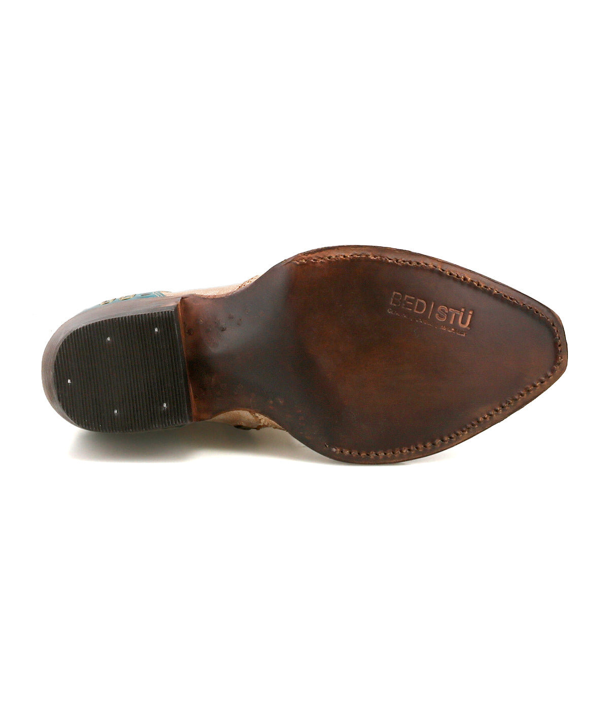 The bottom view of the Frio bootie by Bed Stu shows a brown leather sole with edge stitching, brass studs, and the "Bed Stu" brand name stamped on it.