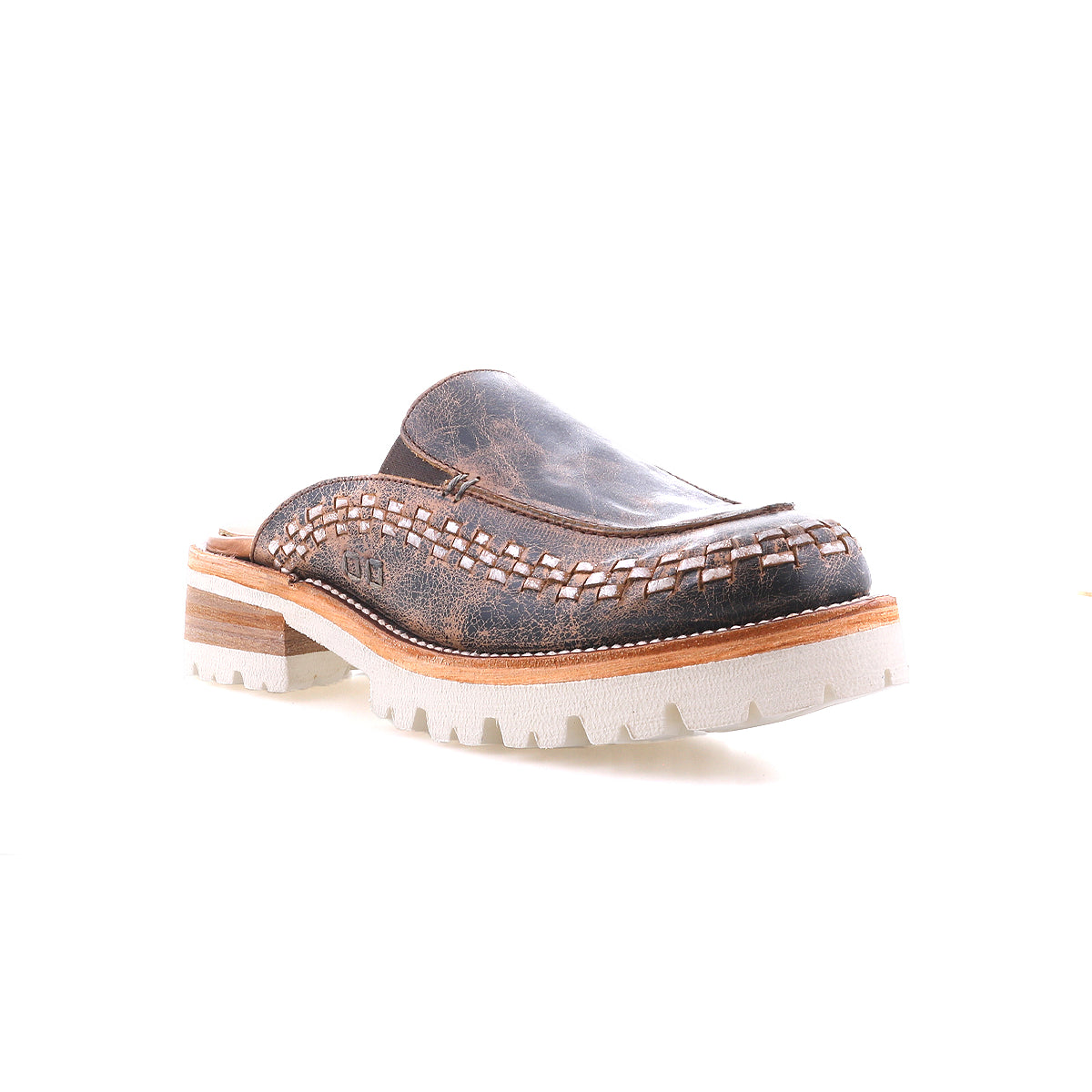 The Bed Stu Fuel is a brown handwoven leather slip-on loafer featuring decorative stitching and a thick white lightweight outsole, shown on a white background.