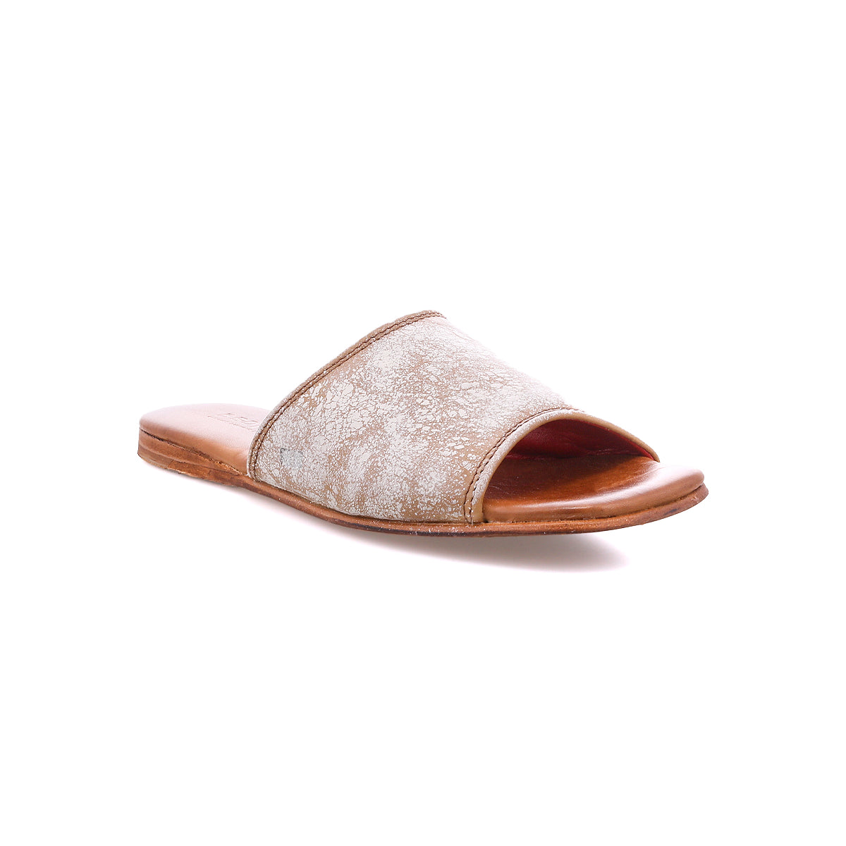 The Bed Stu Gailee is a single open-toe slide sandal featuring a flat sole, cushioned footbed, and light brown textured leather upper, shown against a white background.