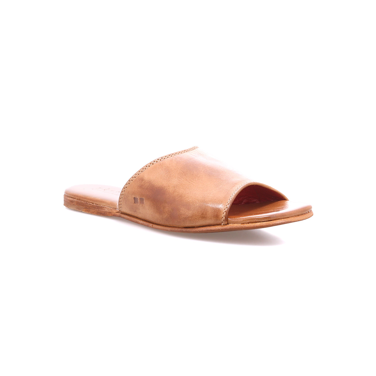 The Bed Stu Gailee is a tan leather slide sandal with an open toe, flat sole, minimalistic design, and cushioned footbed for comfort, shown against a white background.