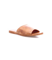 The Bed Stu Gailee is a tan leather slide sandal with an open toe, flat sole, minimalistic design, and cushioned footbed for comfort, shown against a white background.