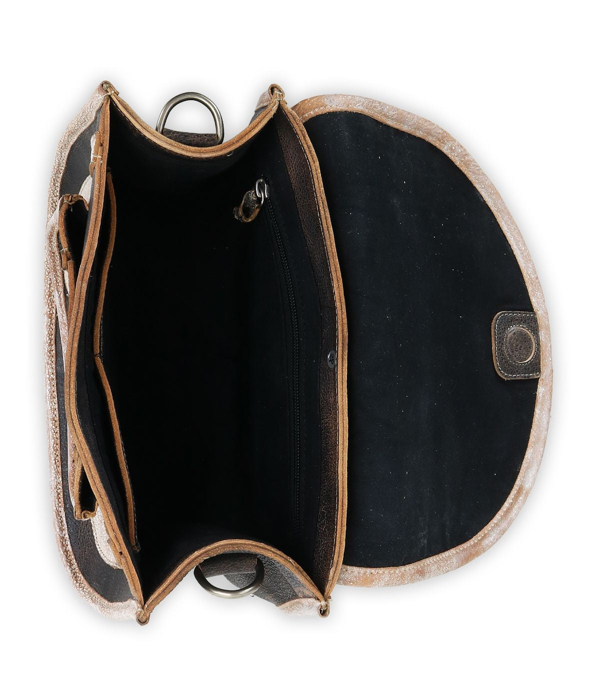 Introducing the Gilda by Bed Stu, an open brown crossbody bag made from dual-finished leather, featuring a spacious compartment and an additional smaller zippered pocket inside.