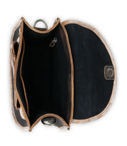 Introducing the Gilda by Bed Stu, an open brown crossbody bag made from dual-finished leather, featuring a spacious compartment and an additional smaller zippered pocket inside.