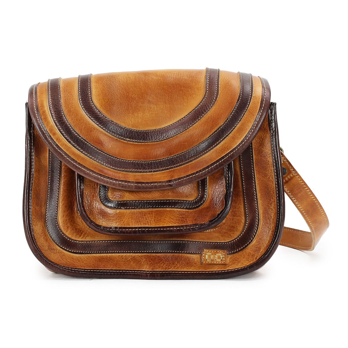 The Gilda by Bed Stu is a brown leather handbag featuring a layered semicircular flap design and intricate stitched detailing, crafted from dual-finished leather. This roomy crossbody bag seamlessly blends style with functionality.