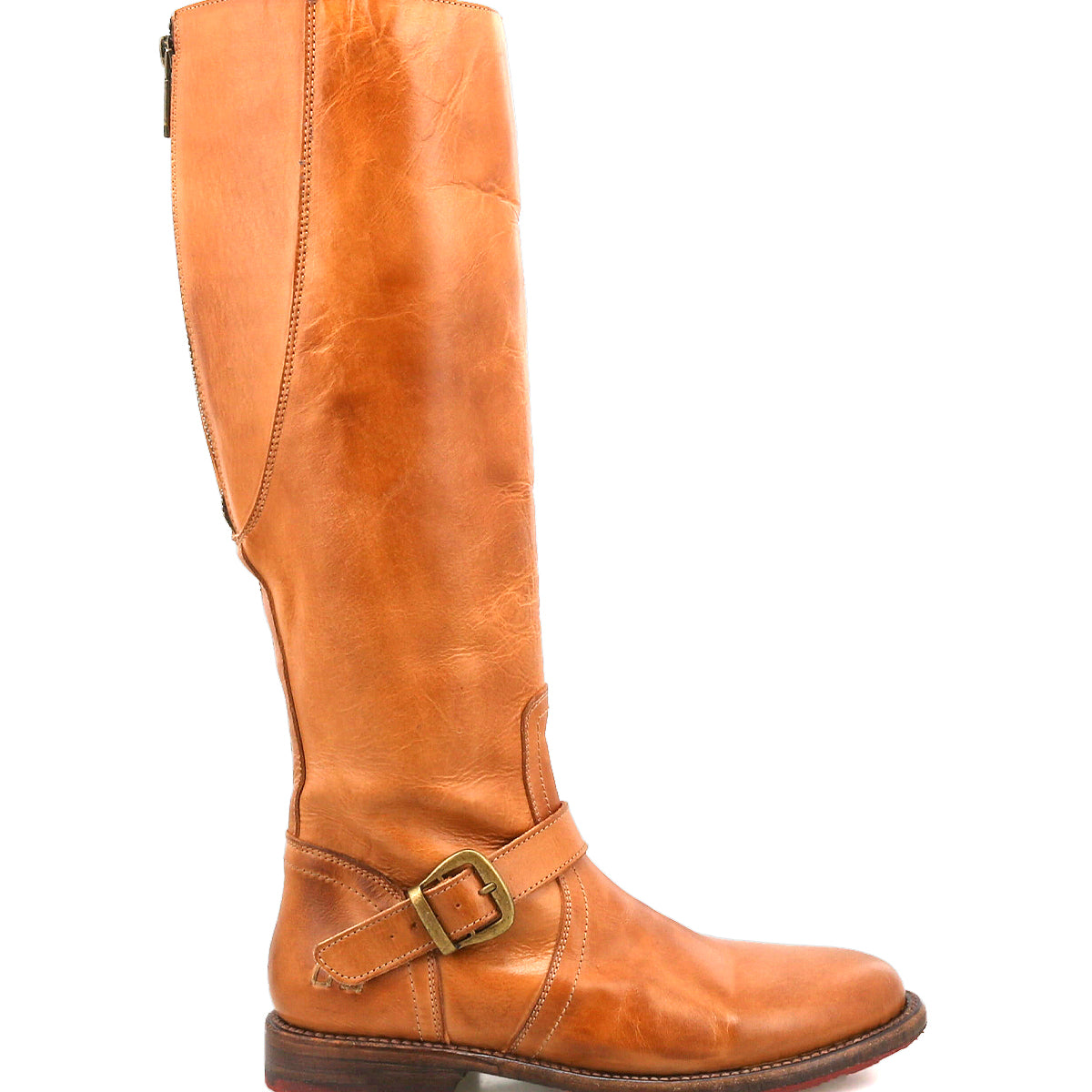 The Glaye by Bed Stu is a single tall tan leather equestrian boot with a vintage buckle and low heel, shown from the side against a white background.