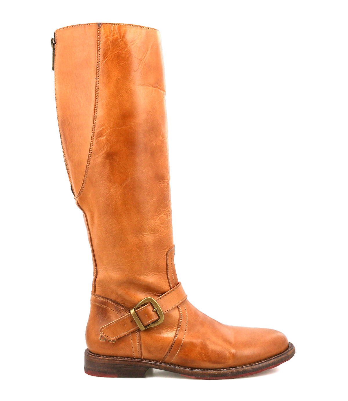 The Glaye by Bed Stu is a single tall tan leather equestrian boot with a vintage buckle and low heel, shown from the side against a white background.