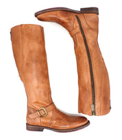 The Bed Stu Glaye boots are tall brown leather equestrian boots with side zippers and vintage buckle details, shown from side and top views against a white background.
