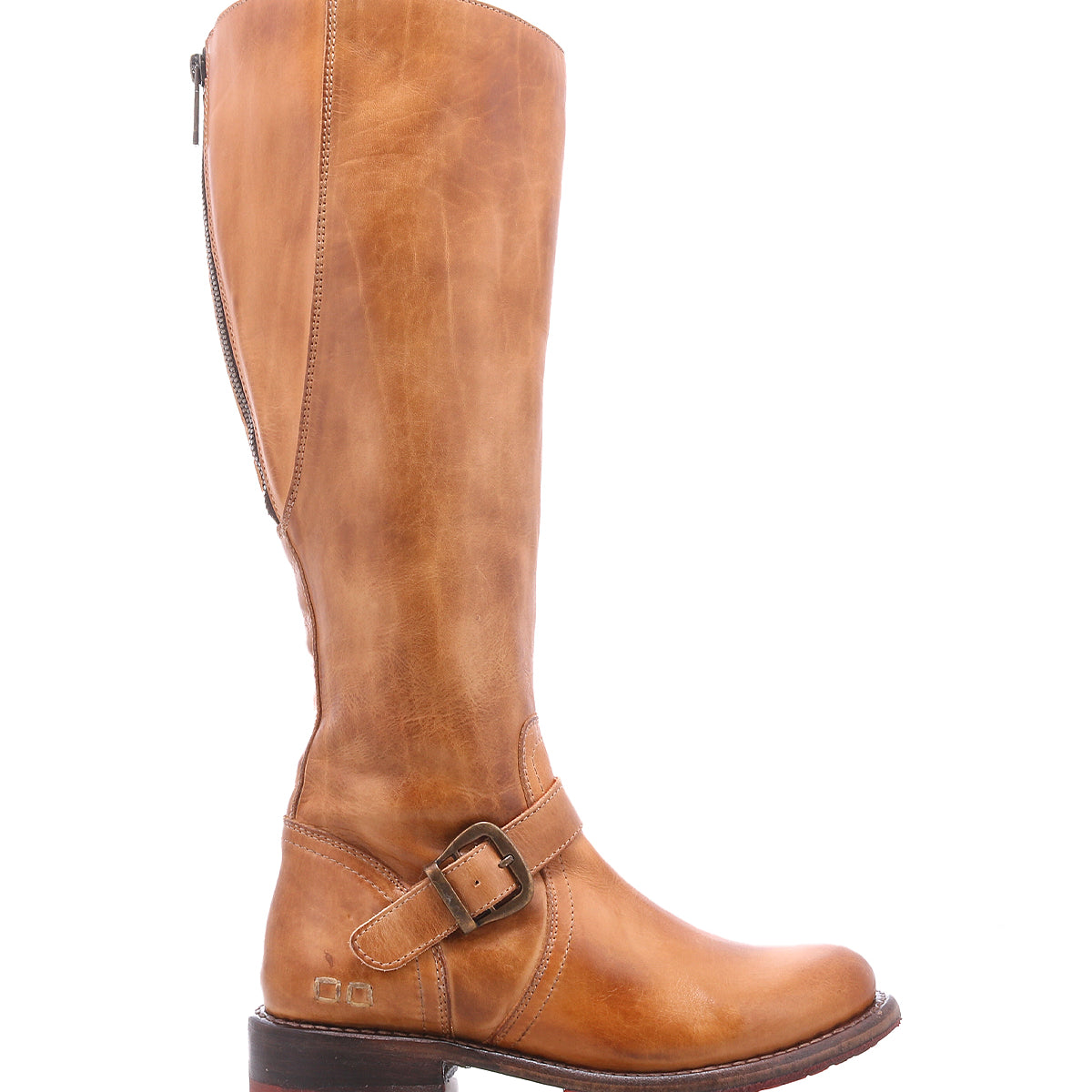 Bed|Stü Glaye Wide Calf tan knee-high leather equestrian boot with a side zipper and a decorative buckled strap at the ankle.