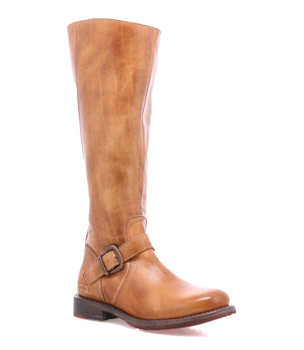 Tan Bed|Stü Glaye Wide Calf knee-high equestrian leather boot with a strap, buckle, and low heel.