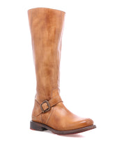 Tan Bed|Stü Glaye Wide Calf knee-high equestrian leather boot with a strap, buckle, and low heel.
