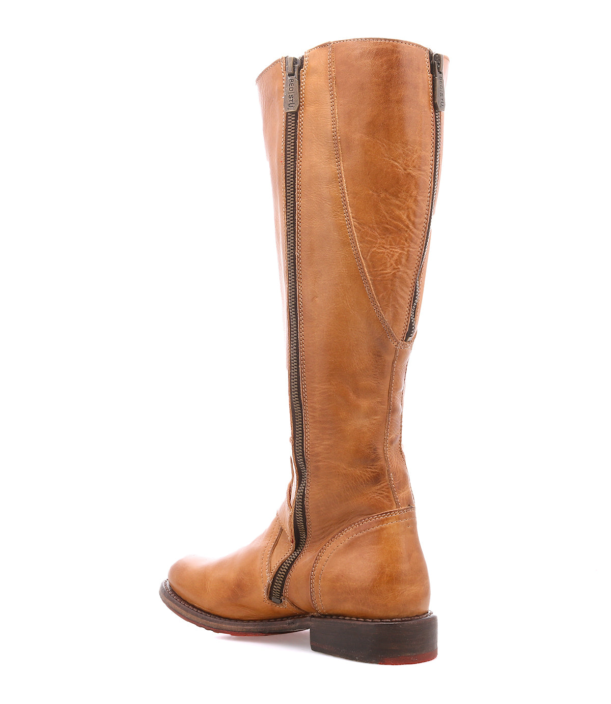 Bed|Stü Glaye Wide Calf tan leather knee-high boot with a back zipper closure and a low block heel.