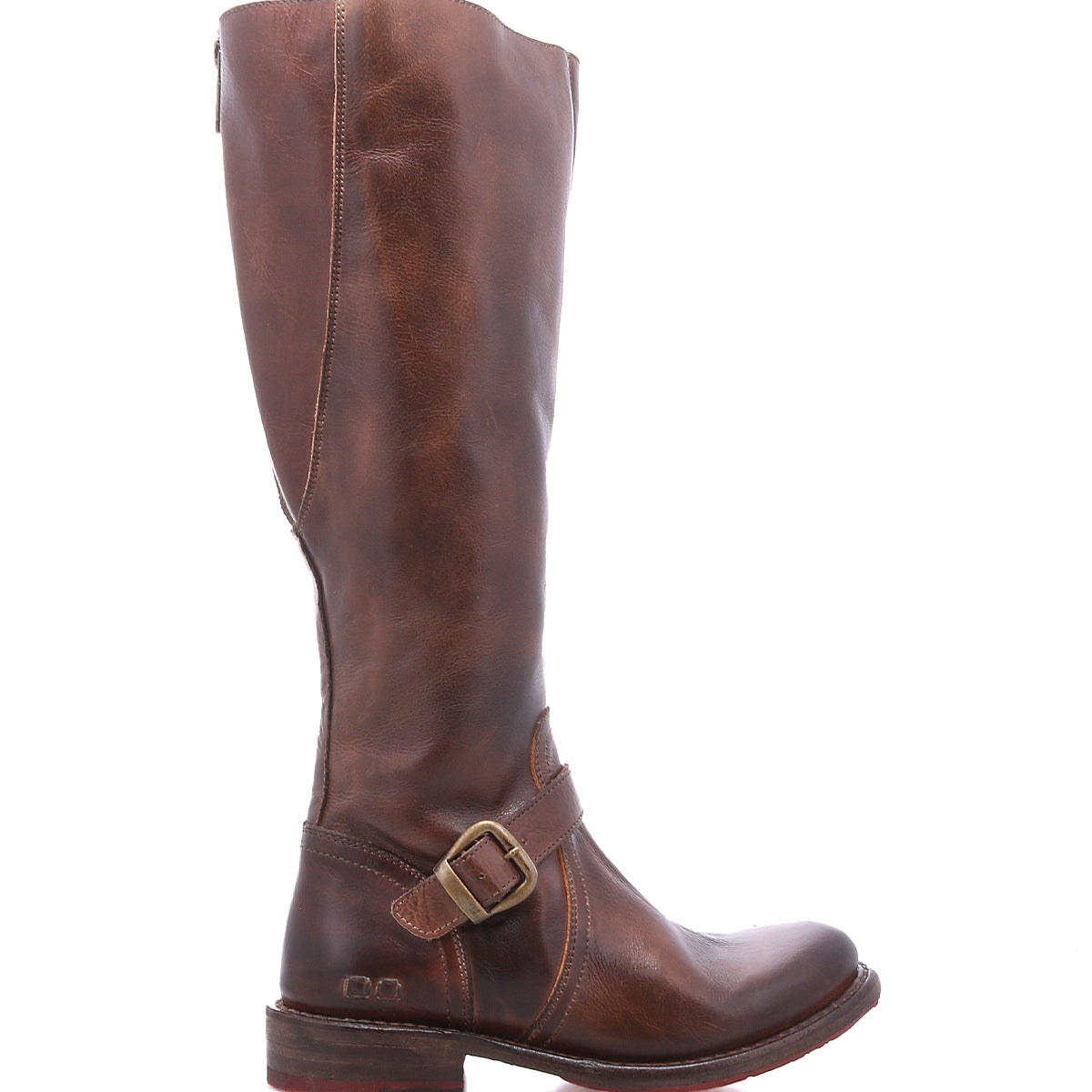 Bed|Stü Glaye Wide Calf brown leather equestrian knee-high boot with a side zipper and a buckled ankle strap.