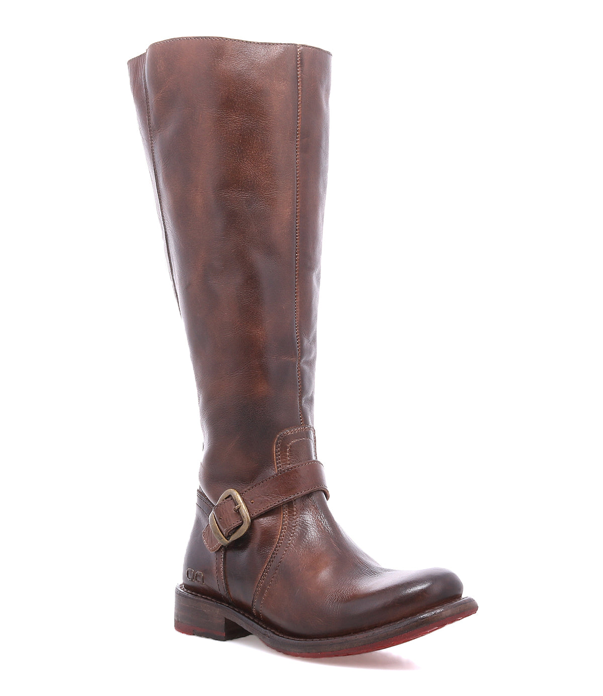 Bed|Stü Glaye Wide Calf brown leather knee-high boots featuring a buckled ankle strap and a low heel.