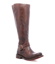 Bed|Stü Glaye Wide Calf brown leather knee-high boots featuring a buckled ankle strap and a low heel.