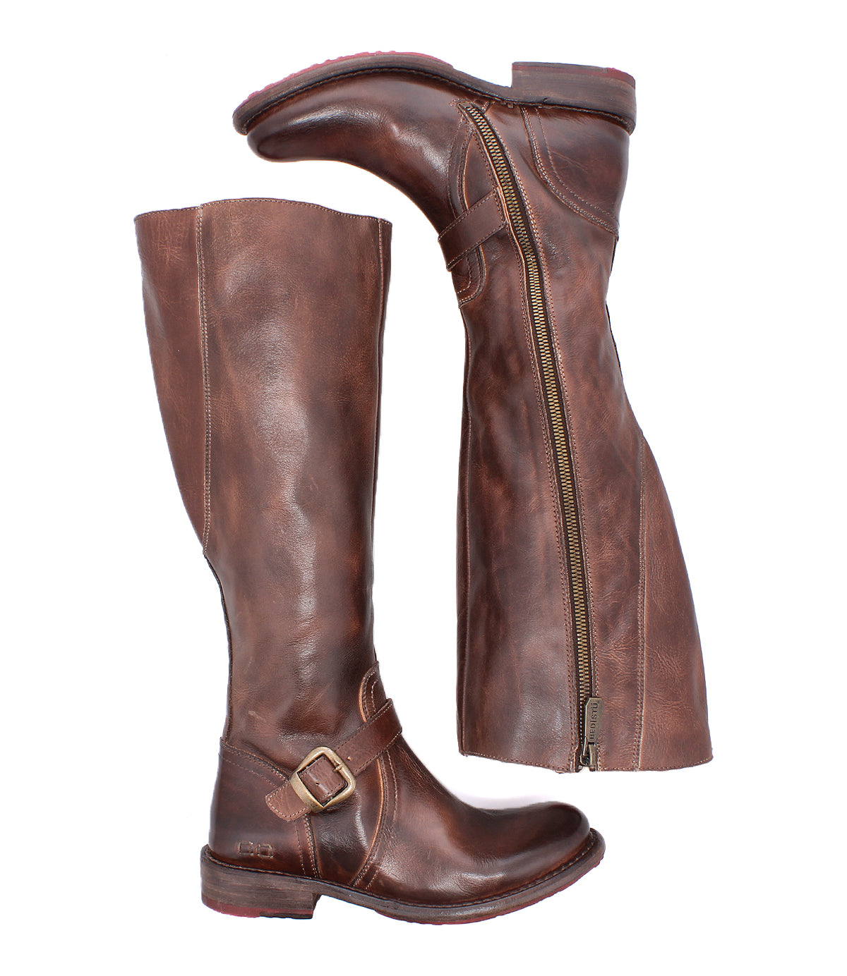 Bed|Stü Glaye Wide Calf brown leather equestrian knee-high boots with side zippers and ankle buckles.
