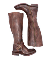 Bed|Stü Glaye Wide Calf brown leather equestrian knee-high boots with side zippers and ankle buckles.