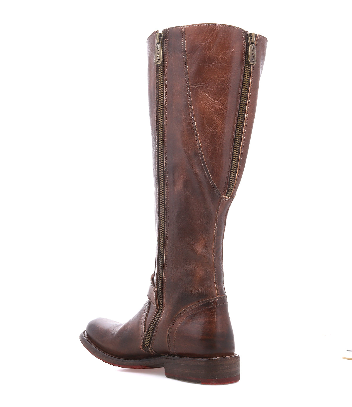 Brown leather Bed|Stü Glaye Wide Calf equestrian knee-high boot with a back zipper.