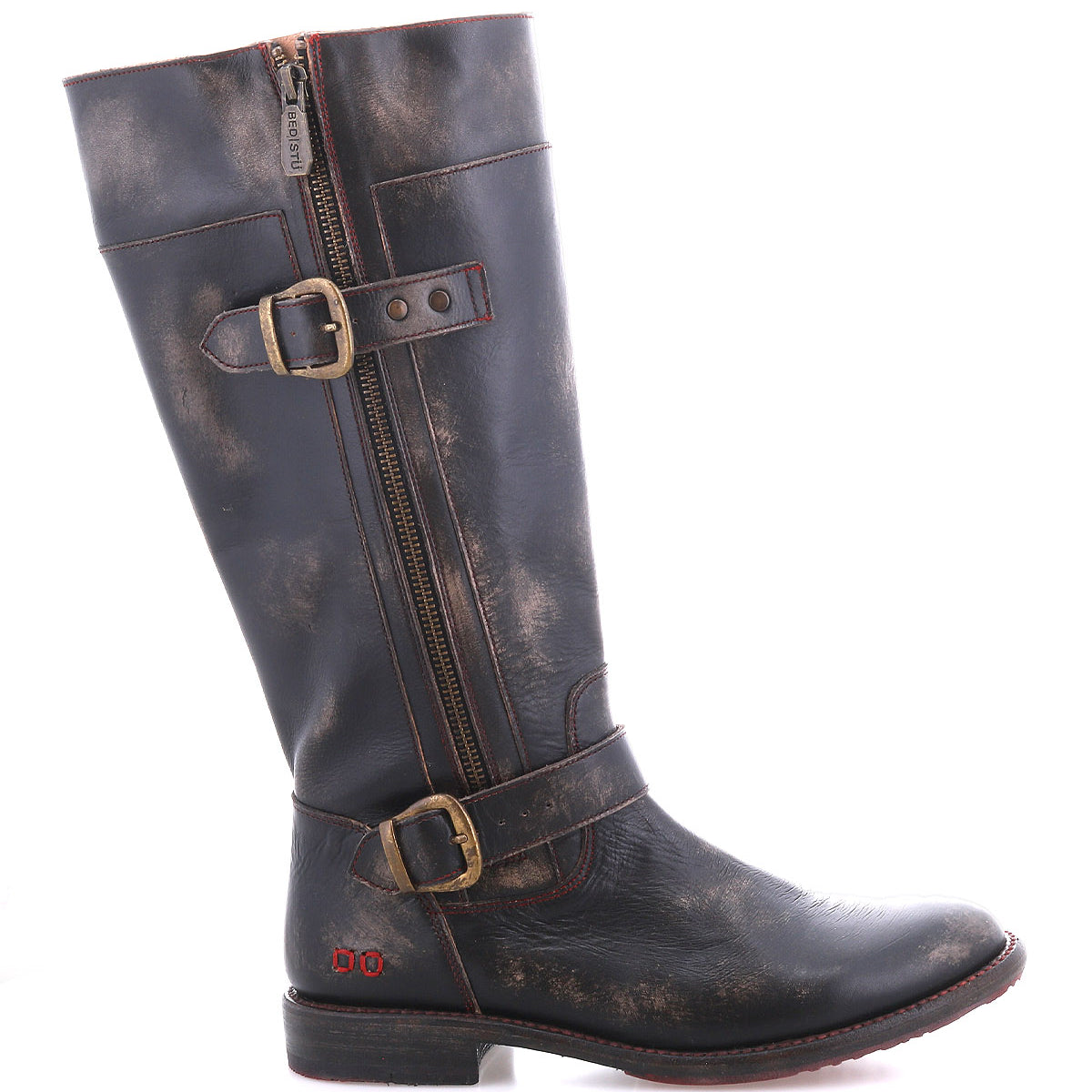 The Bed Stu Gogo Lug is a tall, black moto-style leather boot featuring two decorative buckles, a side zipper, distressed finish, low heel, and sturdy lug outsole.