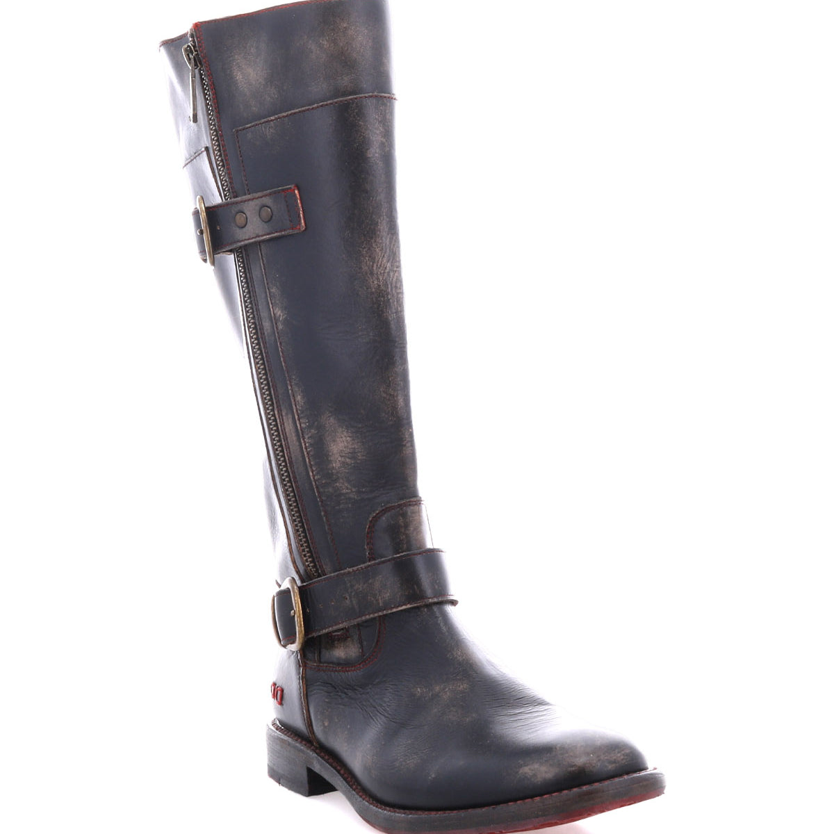 The Bed Stu Gogo Lug is a tall, distressed moto-style leather boot with dual zippers, adjustable straps, and a low heel, displayed against a white background.