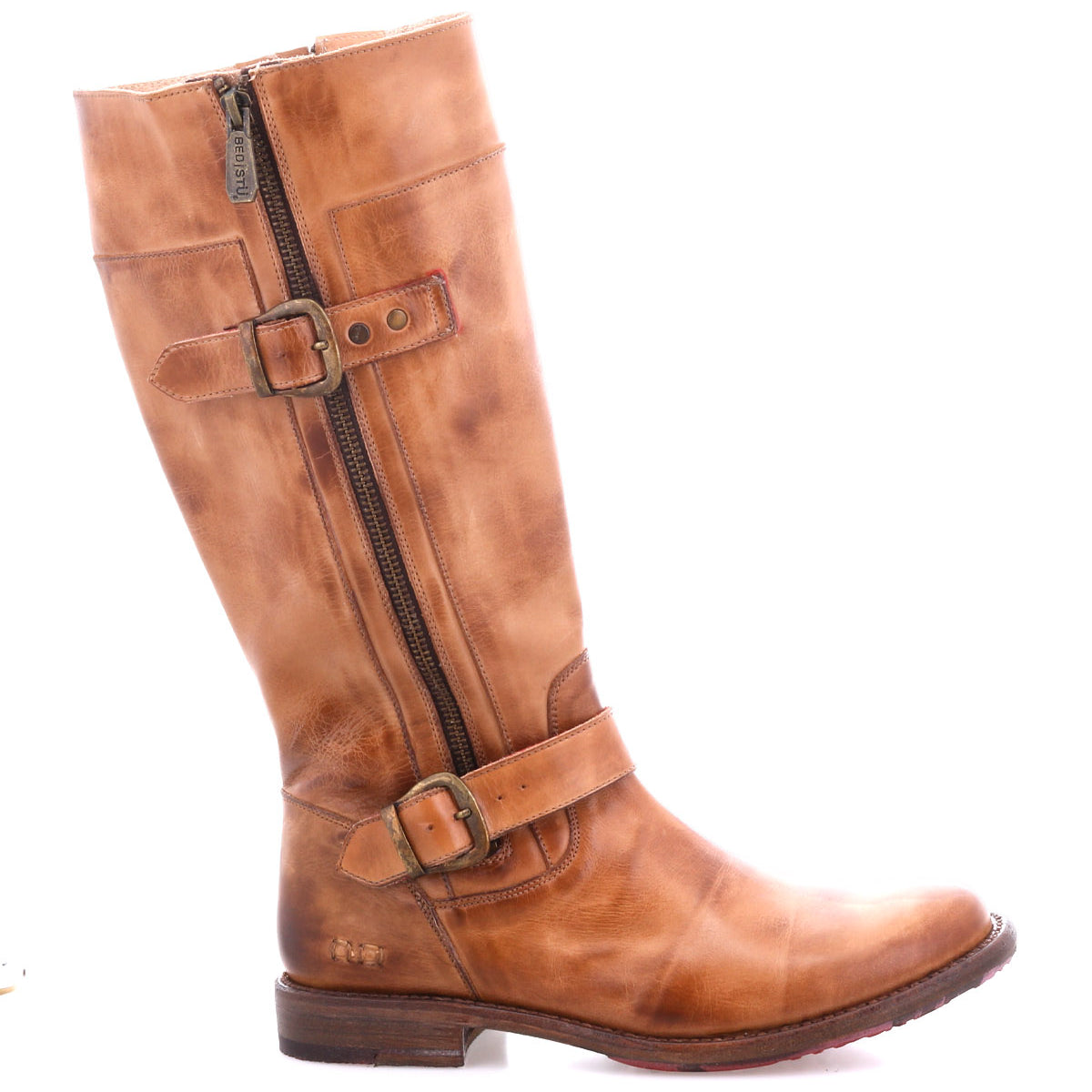 The Bed Stu Gogo Lug is a tall brown moto-style leather boot featuring two buckles, a side zipper, and a low heel, shown in side profile against a white background.