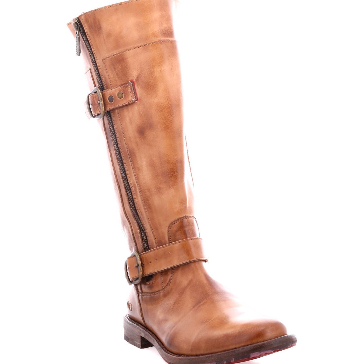 The Bed Stu Gogo Lug is a tall brown moto-style leather boot with a distressed finish, two side buckles, exposed zipper, low heel, and lug outsole, shown on a white background.