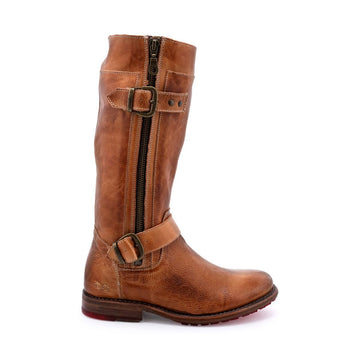 Side view of the Gogo Lug by Bed Stu, a brown mid-calf leather boot featuring zipper and buckle details on the upper and lower parts, a low heel, and a durable lug outsole.