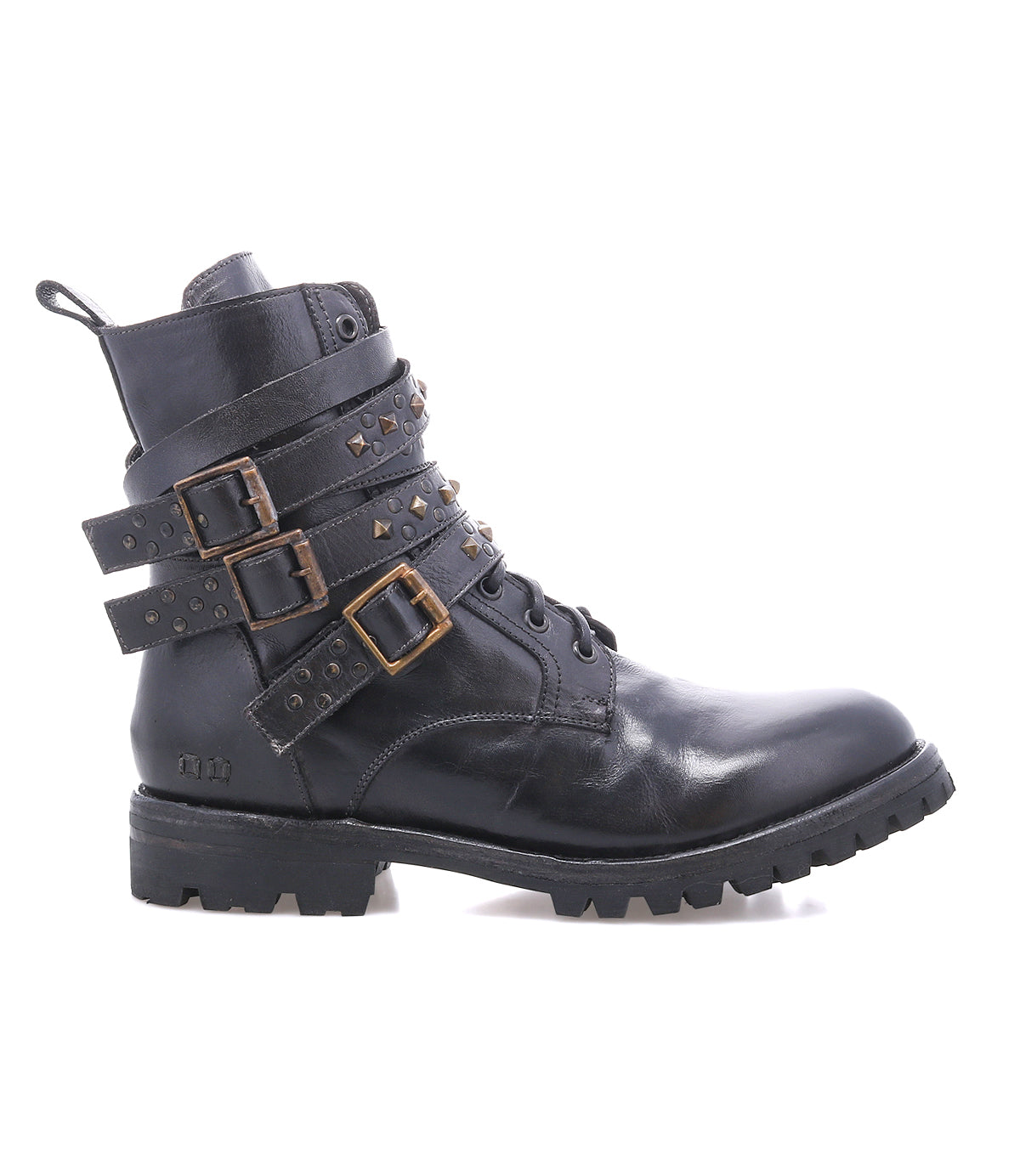 The Bed Stu Grab is a black leather combat-inspired boot with studded buckle straps and metal studs, shown in side profile on a white background. It features a sturdy Vibram rubber lug sole for traction and durability.