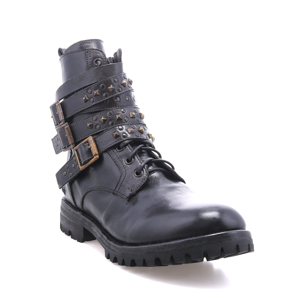 The Bed Stu Grab is a black leather combat-style boot featuring studded buckle straps, laces, and a rugged Vibram rubber lug sole, shown on a white background.