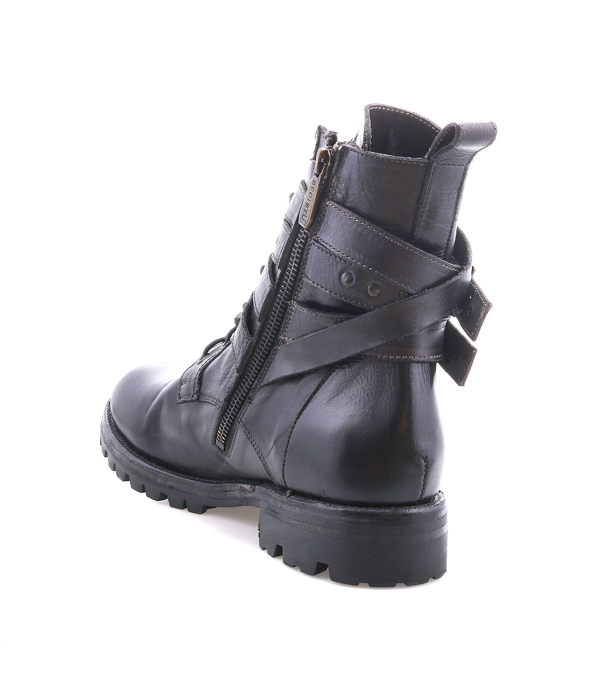 The Bed Stu Grab is a black leather combat-inspired lace-up boot with a side zipper, Vibram rubber lug sole, and back buckle detail, shown against a white background.