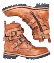 The Bed Stu Grab boots are brown leather combat-inspired footwear featuring studded buckle straps, metal studs, a visible side zipper, and Vibram rubber lug soles, shown stacked together.