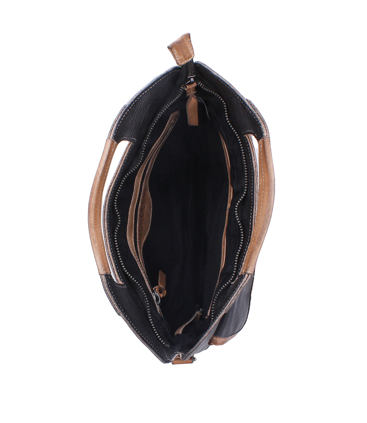 Top view of the Bed|Stü Greenway handbag in brown full-grain leather, featuring multiple compartments, a black interior lining, and a zip-top closure.