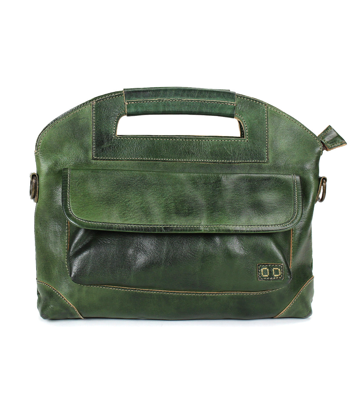 The Bed Stu Greenway is a green leather crossbody bag featuring a front pocket, stitched edges, and a top handle for versatile style.