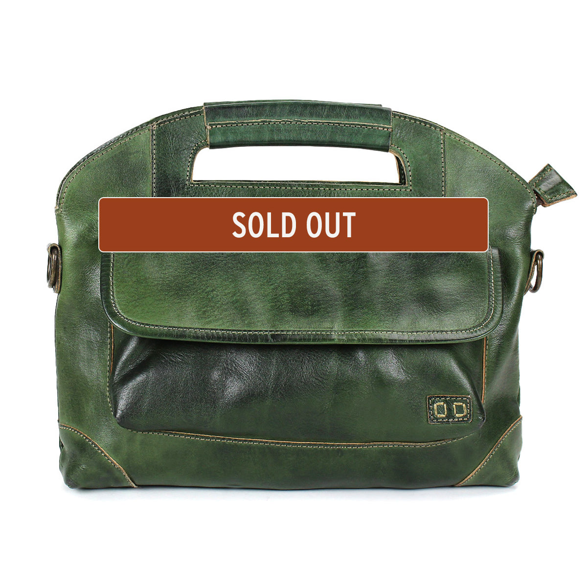The Bed Stu Greenway messenger bag features green leather, a crossbody strap, front pocket, and handle, shown with a brown "SOLD OUT" label across the center.