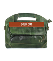 The Bed Stu Greenway messenger bag features green leather, a crossbody strap, front pocket, and handle, shown with a brown "SOLD OUT" label across the center.