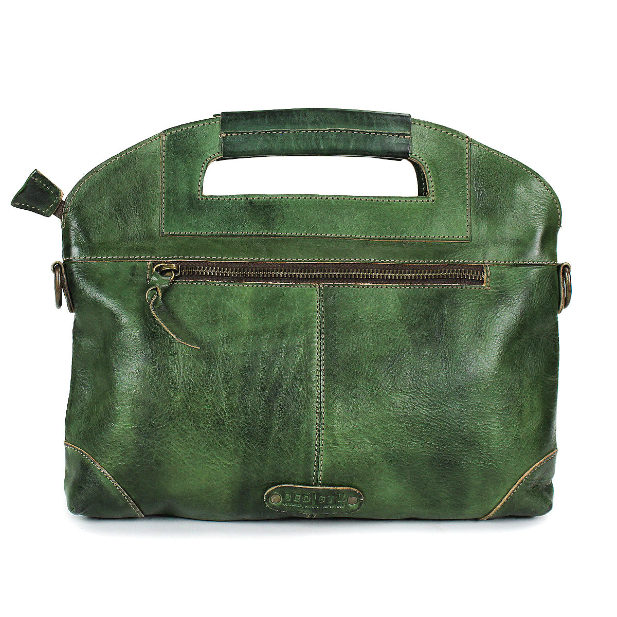 The Bed Stu Greenway is a stylish green leather handbag featuring a built-in handle, secure zipper front pocket, and decorative stitching—perfect to wear as a chic crossbody bag for any occasion.
