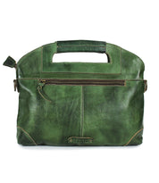 The Bed Stu Greenway is a stylish green leather handbag featuring a built-in handle, secure zipper front pocket, and decorative stitching—perfect to wear as a chic crossbody bag for any occasion.
