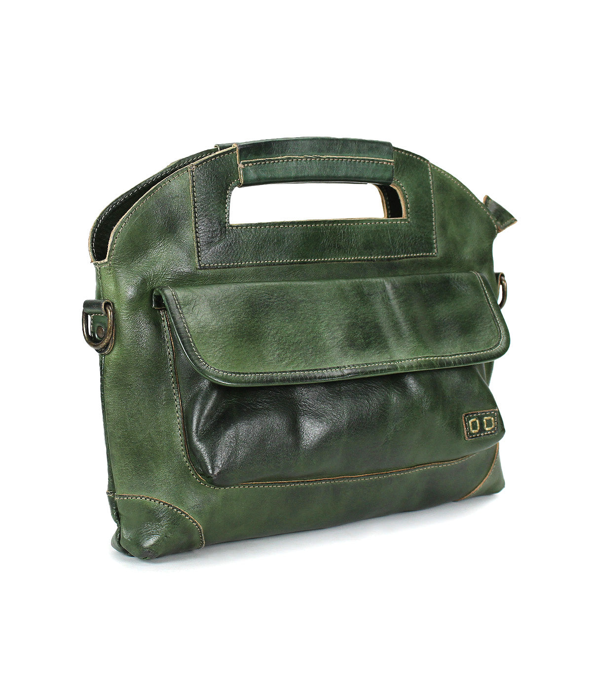 The Bed Stu Greenway is a green leather crossbody bag featuring a built-in handle, front flap pocket, secure zipper, and visible stitching.