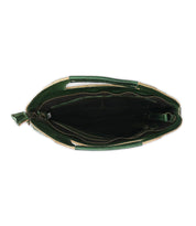 Top view of the Bed Stu Greenway handbag in green, featuring a secure zipper closure and a spacious interior with multiple pockets and compartments.