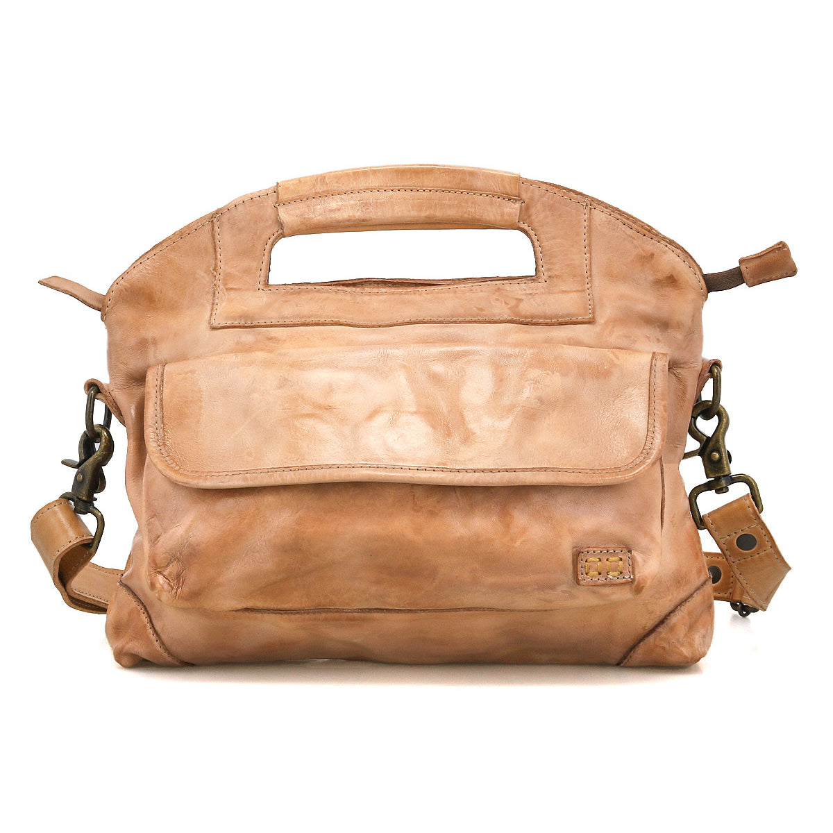 The Bed Stu Greenway is a stylish light brown leather handbag with a built-in handle, front flap pocket, secure zipper, and detachable shoulder strap—perfect as a chic crossbody, shown against a white background.