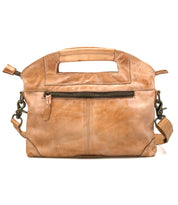 The Greenway by Bed Stu is a light brown leather crossbody bag featuring a cutout handle, secure zip front pocket, and adjustable shoulder strap—a stylish handbag for any occasion.