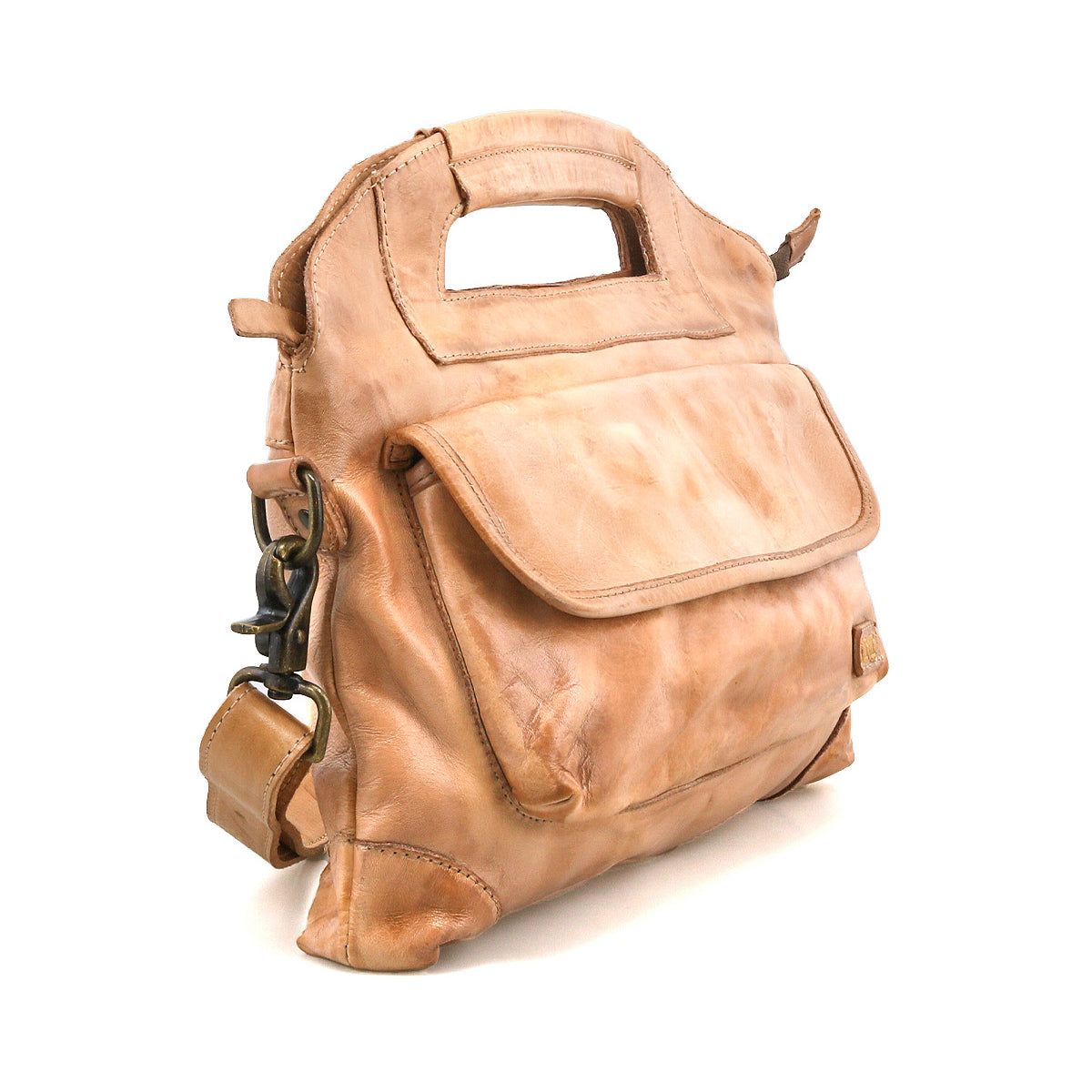 The Bed Stu Greenway is a light brown leather crossbody bag with a front flap pocket, integrated handle, buckle detail, and secure zipper, shown against a plain white background.